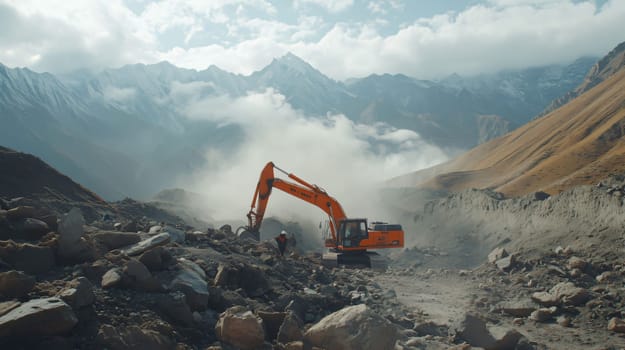 Construction workers and excavator working on mountain road construction project