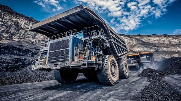 Large coal mining truck is driving on a road in an open pit mine