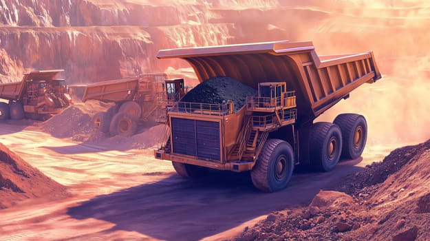 Large mining truck is unloading coal in an open pit mine