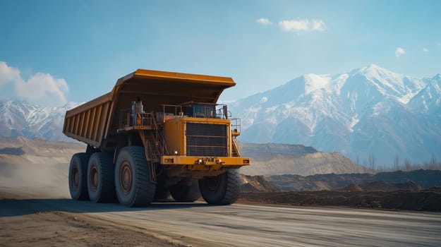 Large yellow mining dump truck is driving on a dirt road in an open pit mine with a snowy mountain in the background