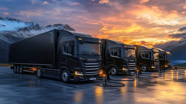 Row of modern electric semi trucks charging their batteries at an industrial charging station