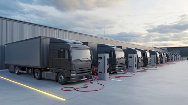 Row of modern electric semi-trailer trucks charging their batteries at an electric vehicle charging station