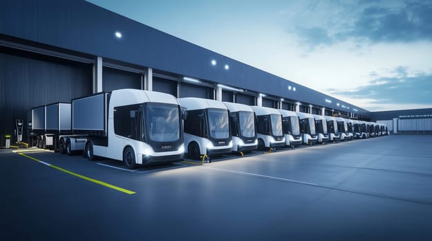 Fleet of electric semi trucks is charging in front of a distribution center