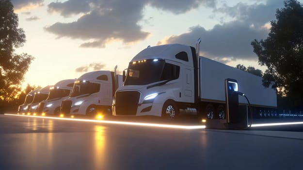 Line of generic electric semi trucks charging their batteries at an electric charging station