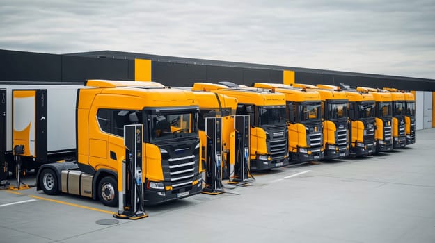Line of yellow electric semi trucks charging their batteries in a row at a depot