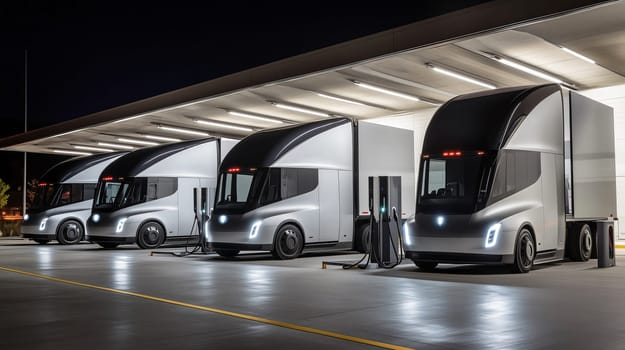 Fleet of generic electric semi trucks charging at a charging station