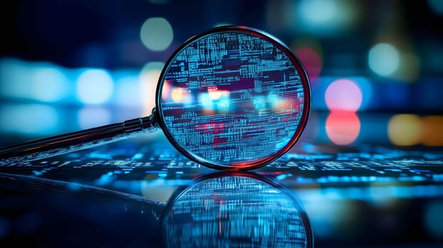 Magnifying glass is magnifying lines of code on a circuit board with bokeh in the background