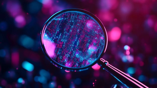 Magnifying glass revealing and examining a binary code stream on dark background with blue and purple bokeh