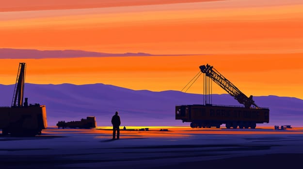 Engineer standing in an industrial area with giant cranes at sunset
