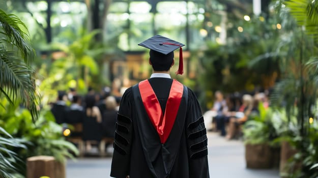 Graduate in cap and gown walking towards the stage at his graduation ceremony