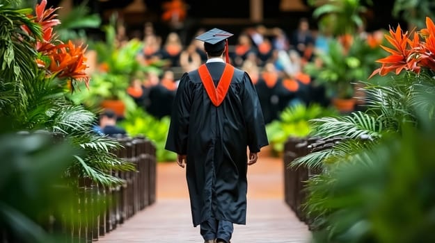 Graduate wearing a cap and gown is walking towards the stage at his graduation ceremony