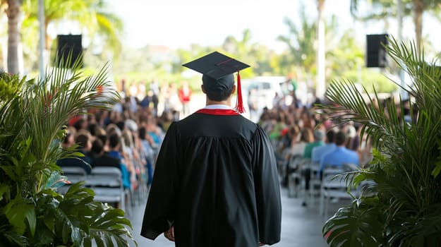 Graduate wearing a cap and gown is walking towards the stage at his graduation ceremony