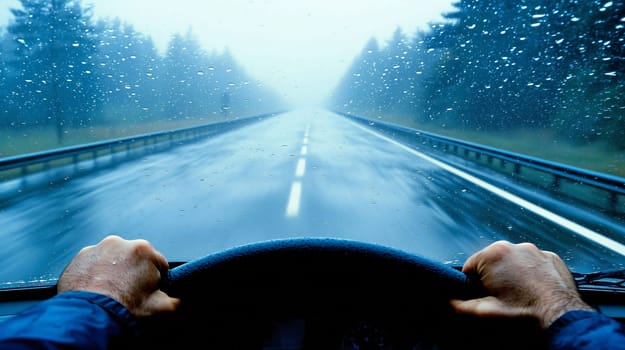 Man is driving on a highway in the rain, holding onto the steering wheel