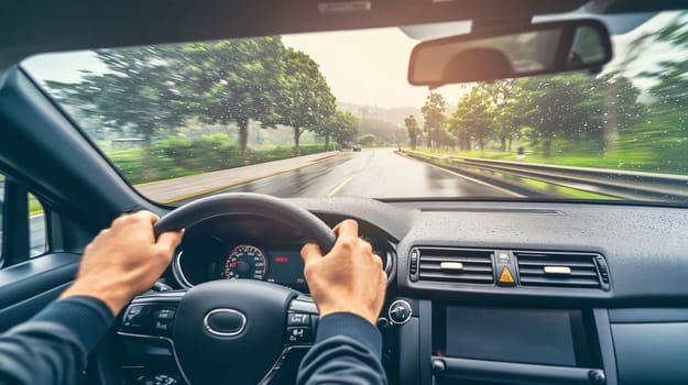 Driver is keeping his hands on the steering wheel while driving on a wet highway