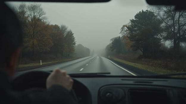 Driver is holding the steering wheel while driving on a slippery highway surrounded by forest in autumn