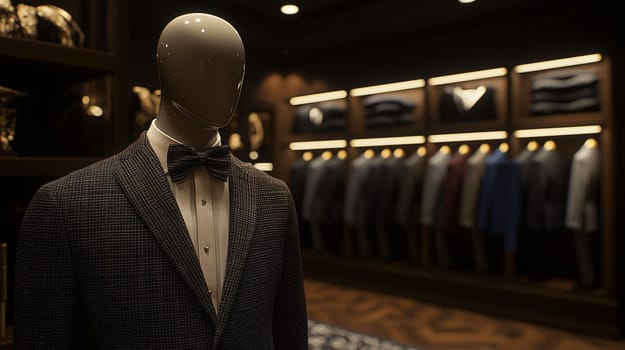 Sophisticated mannequin is displaying a stylish tuxedo in an upscale menswear boutique