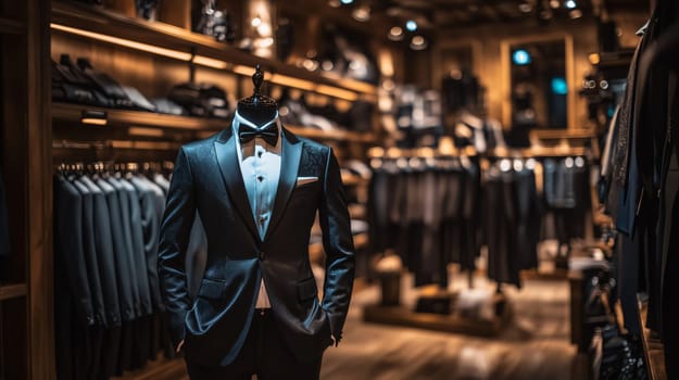 Elegant black suit with bow tie is displayed on a mannequin in a tailoring atelier