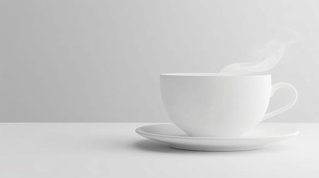 Steaming white coffee cup sits on a saucer, against a minimalist white background