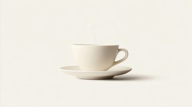 Steaming cup of coffee is sitting on a saucer on a minimalist off-white background