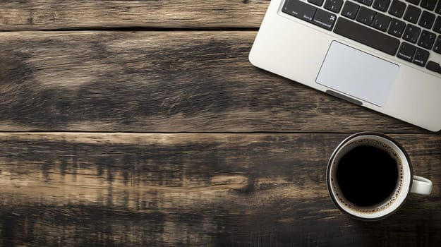 Minimalistic workspace is pictured featuring a laptop and a cup of coffee on a vintage wood desk