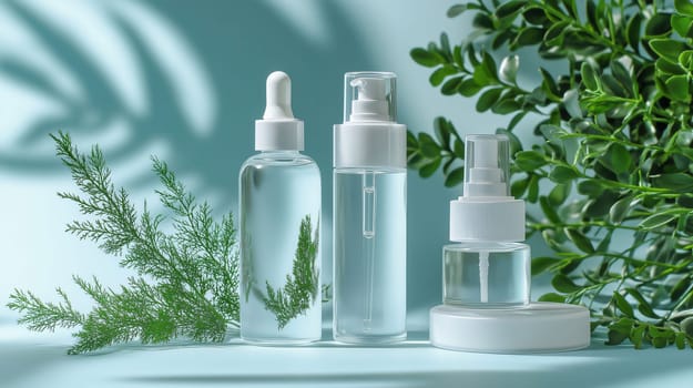 Three transparent bottles containing cosmetic products are standing on a blue background with plants and their shadows