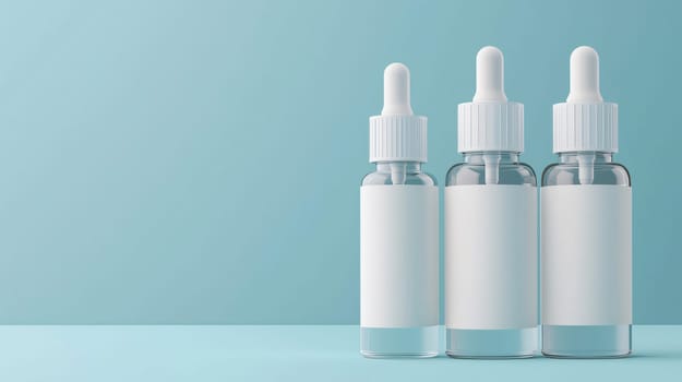 Three transparent skincare bottles with white labels and droppers are standing on a blue background