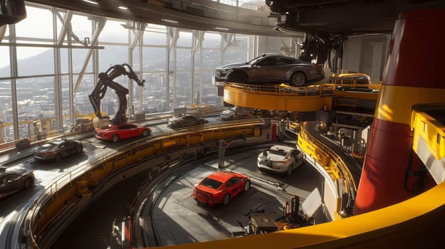 Futuristic car factory with robotic arms manufacturing cars on an assembly line