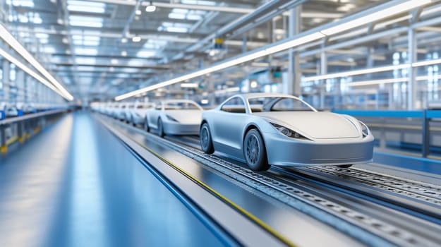 Modern car production line conveying a brand new vehicle in a clean and bright factory