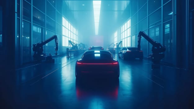 Modern car factory with robotic arms assembling electric vehicles in dark blue environment