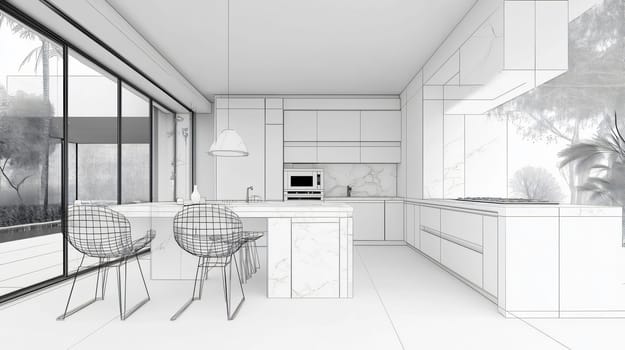 Modern kitchen design with an island and a garden view is being shown in a technical drawing