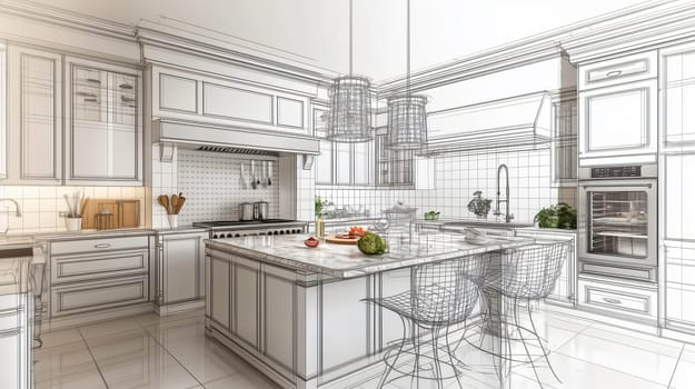 Architect showing a modern kitchen design with island, cabinets, oven and extractor hood