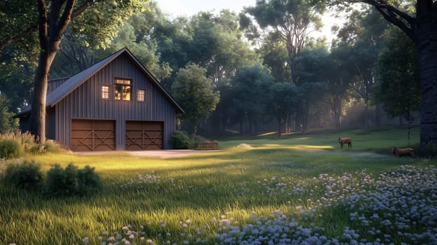 Serene and picturesque scene of a modern wooden barn house nestled in a lush green forest, as the sun sets, casting a warm glow on the surroundings