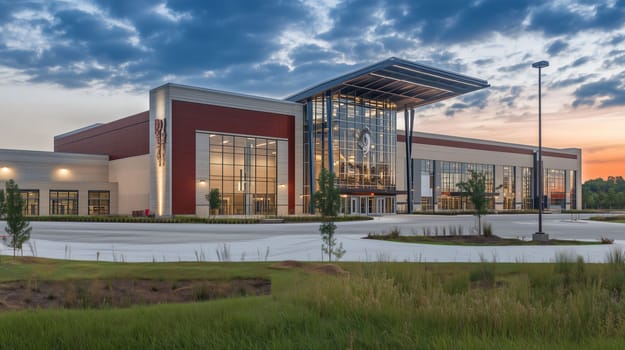 Brand new convention center with dramatic sunset lighting reflecting off the glass exterior