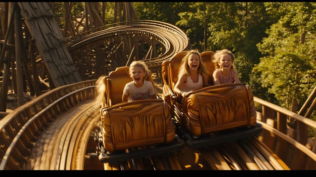 Three girls are screaming and laughing while riding a wooden roller coaster at an amusement park