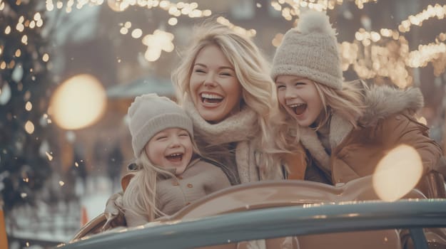 Mother and her two daughters are laughing and having fun while riding a carousel at a christmas market