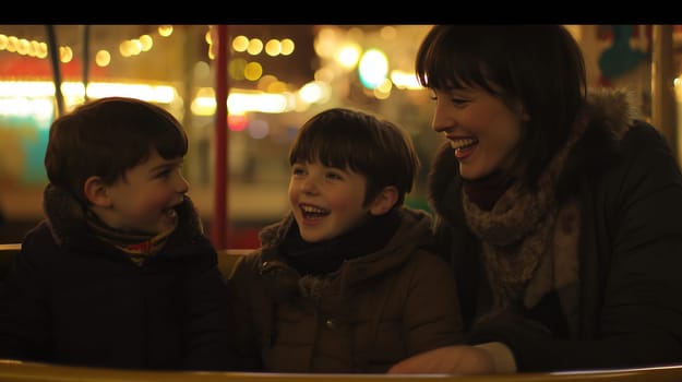 Mother and her two sons are laughing together on a carousel at a christmas market