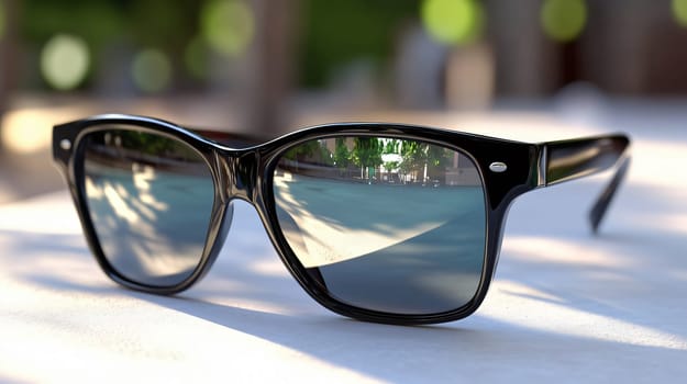 Black sunglasses with a blurry reflection of trees on a white surface