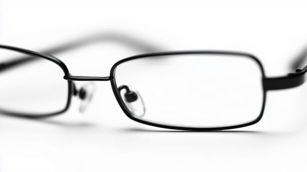 Pair of black rimmed eyeglasses is resting on a white surface