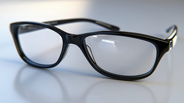 Black eyeglasses resting on a white surface reflecting light