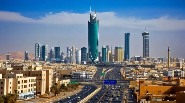 Riyadh skyline showing kingdom centre tower and traffic on highway