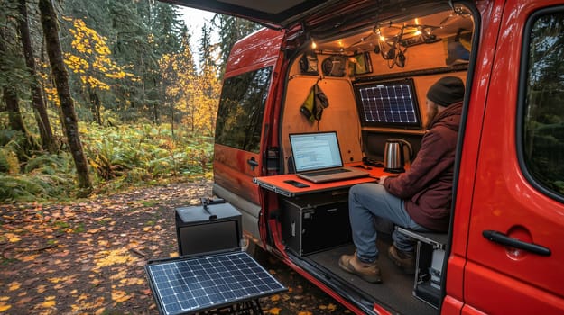 Freelancer is using a laptop while working remotely from his van, parked in the forest, his equipment powered by solar panels