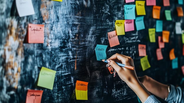 Businesswoman is writing on a blue sticky note on a blackboard full of colorful sticky notes
