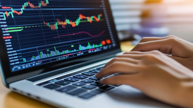 Stockbroker is working on a laptop showing stock market charts