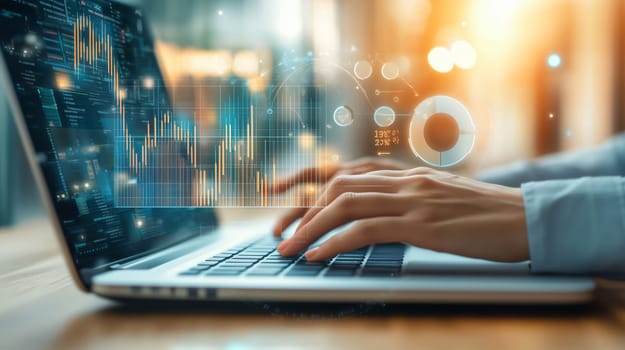 Businesswoman is working on a laptop with holographic charts and graphs, analyzing data and making strategic decisions