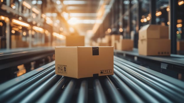 Cardboard box moving on a conveyor belt in a distribution warehouse, ready to be shipped to customers
