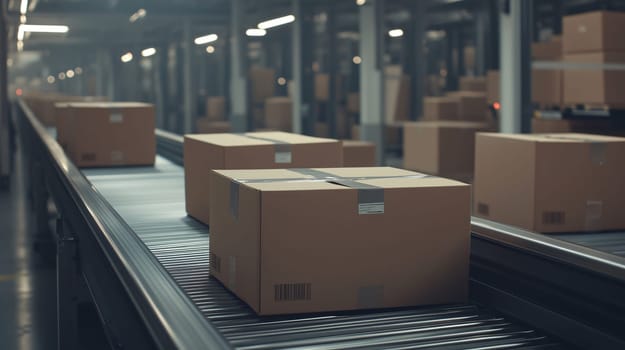 Cardboard boxes moving on a conveyor belt in a distribution warehouse, representing the world of logistics and online shopping