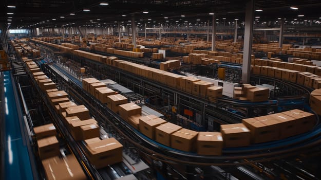 Cardboard boxes are moving along a conveyor belt in a distribution warehouse