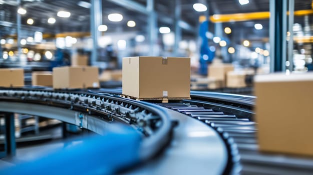 Cardboard boxes moving on a conveyor belt in a distribution warehouse