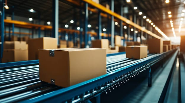 Cardboard boxes moving on a conveyor belt in a distribution warehouse