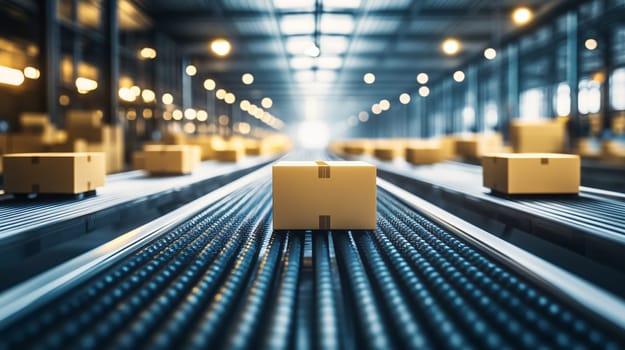 Cardboard boxes are moving on a conveyor belt in a distribution warehouse